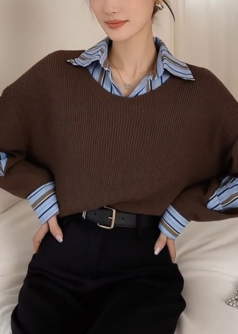 Style Brown Peter Pan Collar Patchwork Knit Fake Two Piece Shirts Winter