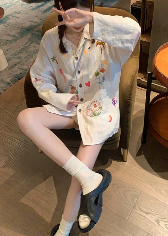 New White Embroidered Tops and Shorts Linen Two Piece Suit Set Summer
