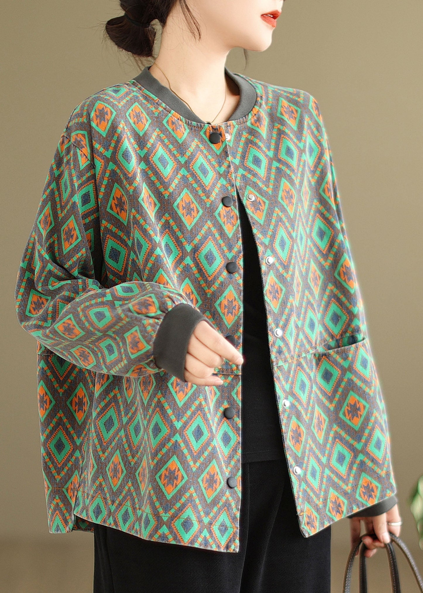 Green O Neck Pockets Print Denim Coat Spring