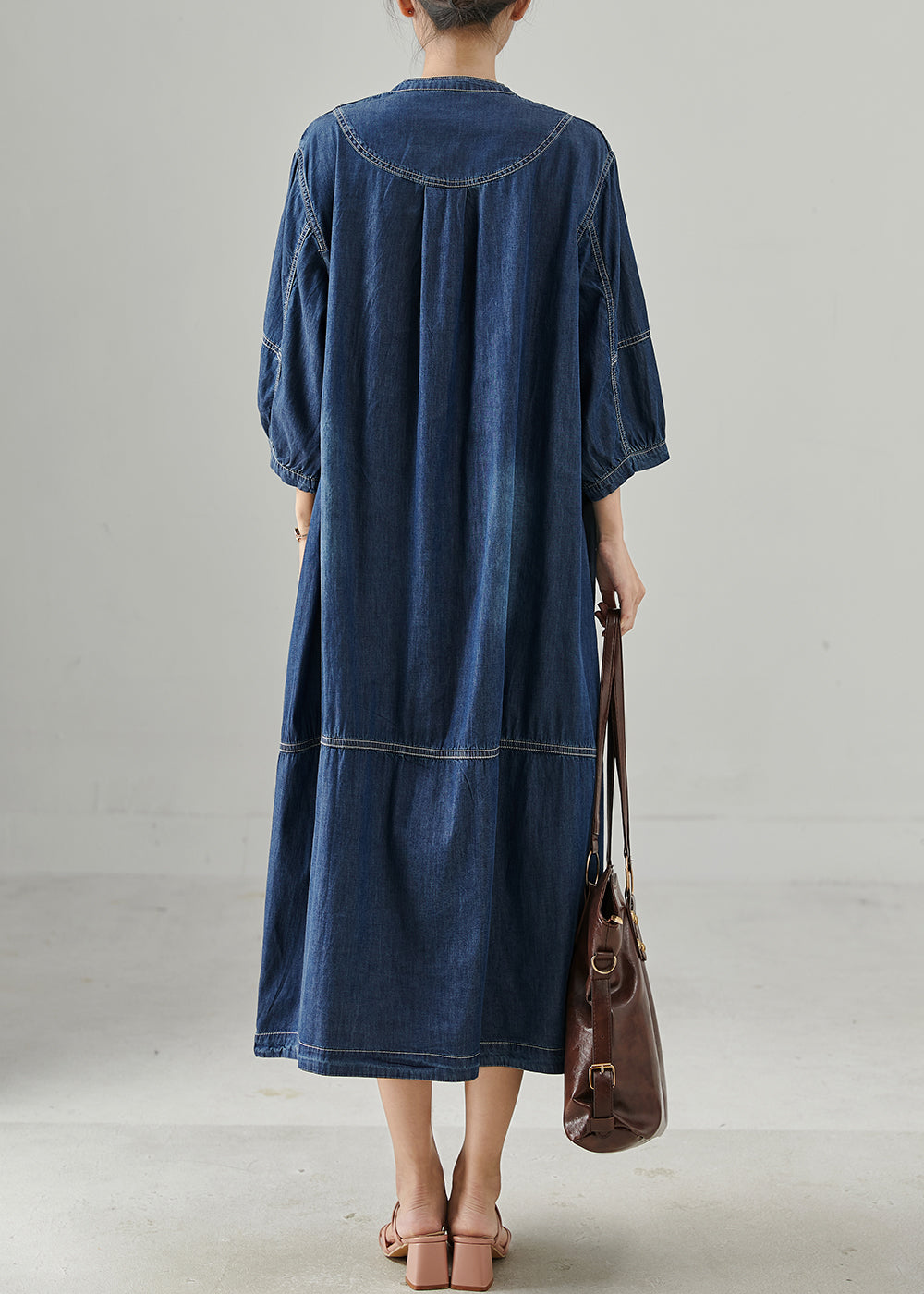 Navy Oversized Chinese Button Denim Dress Bracelet Sleeve