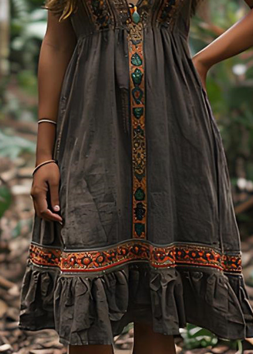 V Neck Print Wrinkled Cotton Spaghetti Strap Dress Summer