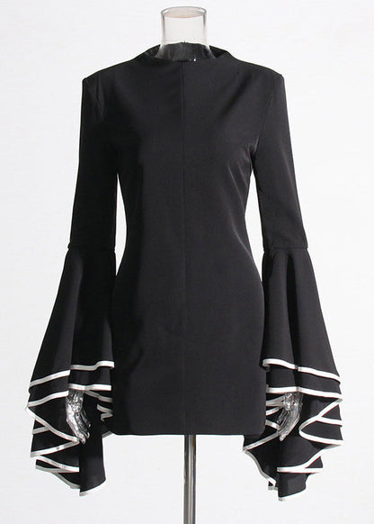 Original Design White Stand Collar Patchwork Vacation Mid Dresses Petal Sleeve