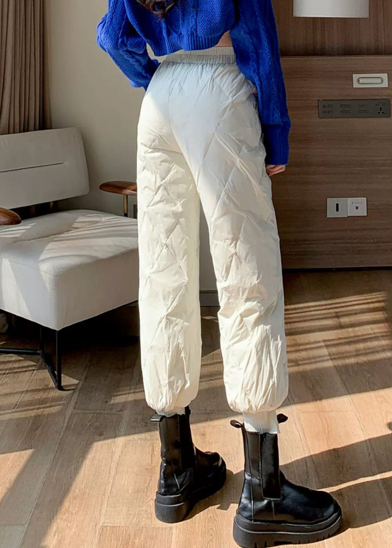 White Pockets Fine Cotton Filled Crop Pants Elastic Waist