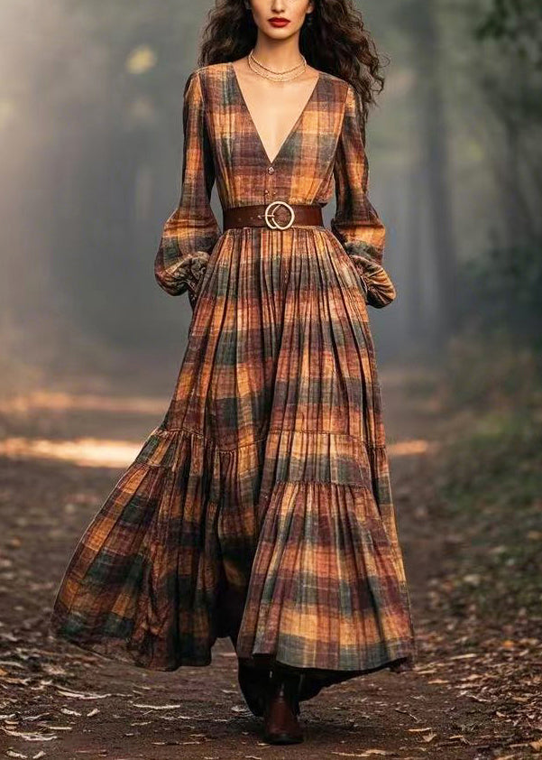 Brown Plaid Exra Large Hem Cotton Cinched Dresses Spring