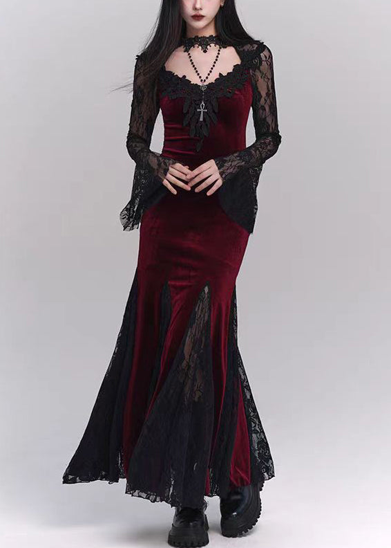 Black Hollow Out Lace Patchwork Silk Velvet Maxi Dresses Flare Sleeve