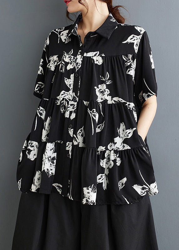 Black Print Cotton a Line Tops Oversized Summer
