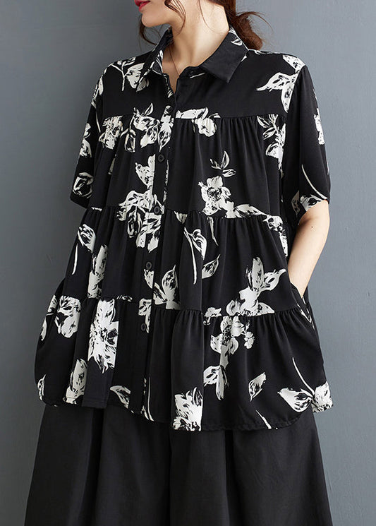 Black Print Cotton a Line Tops Oversized Summer