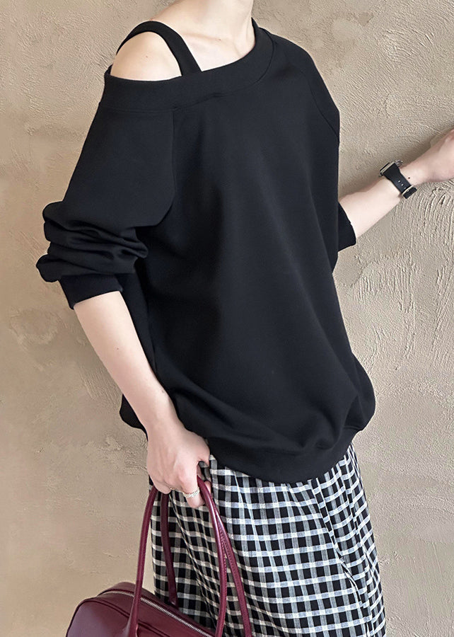 Black Cold Shoulder Cotton T Shirts Fall