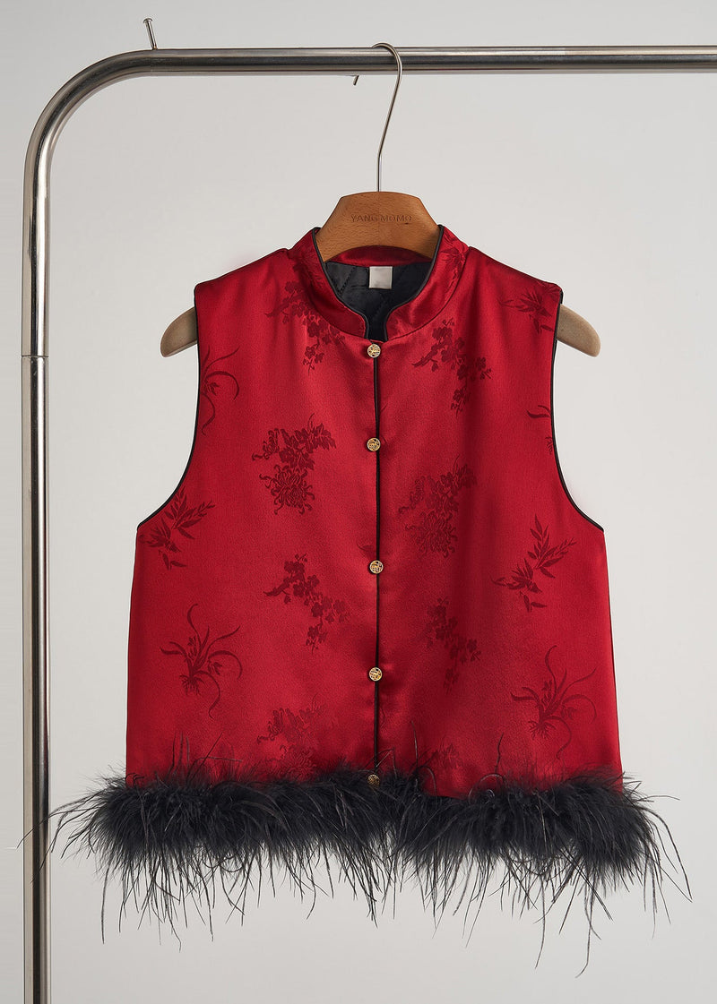 Red Jacquard Patchwork Feather Silk Vests Fall