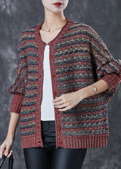 Brick Red Oversized Striped Knit Cardigans Spring