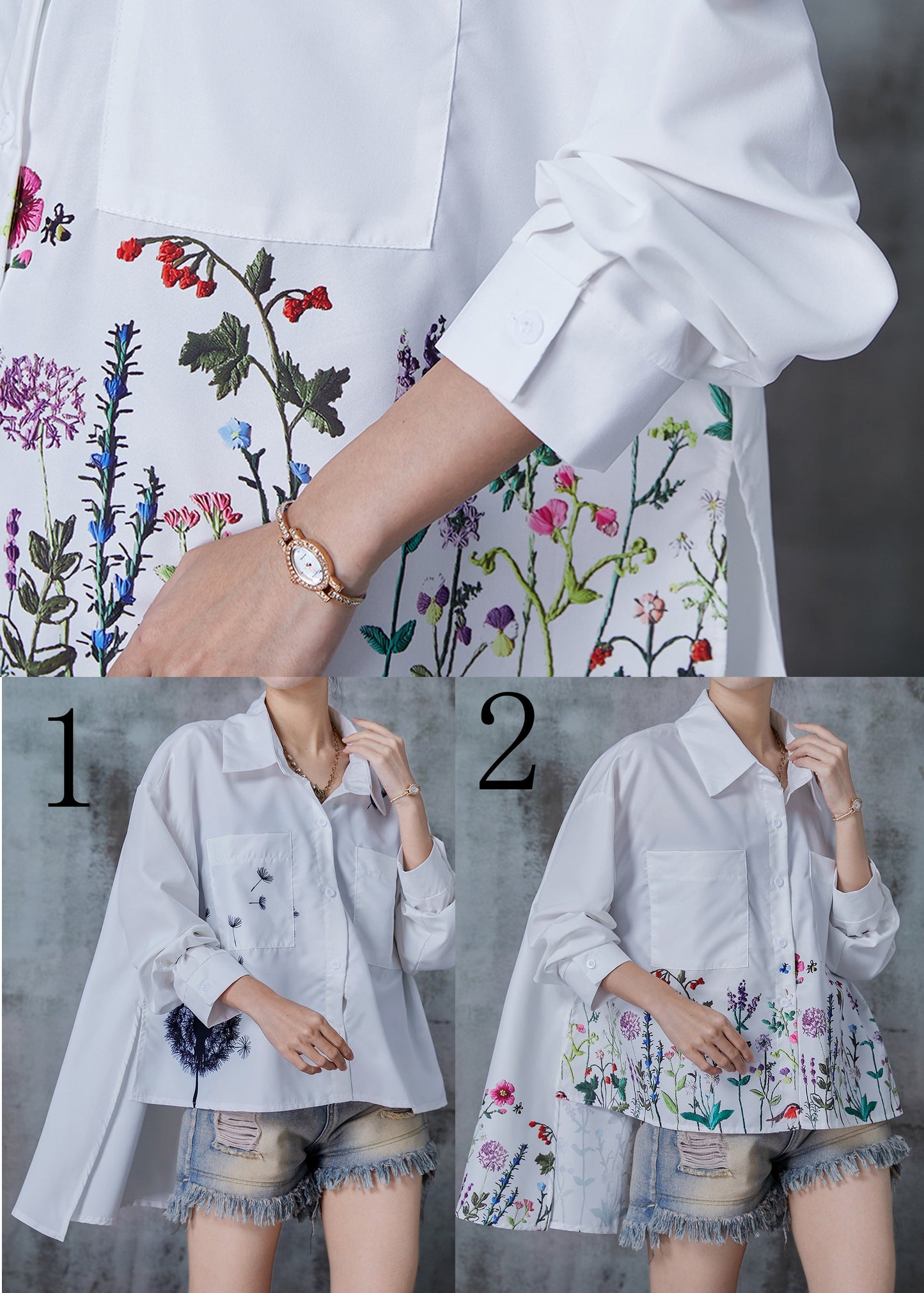 White Oversized Dandelion Print Cotton Shirt Tops Spring