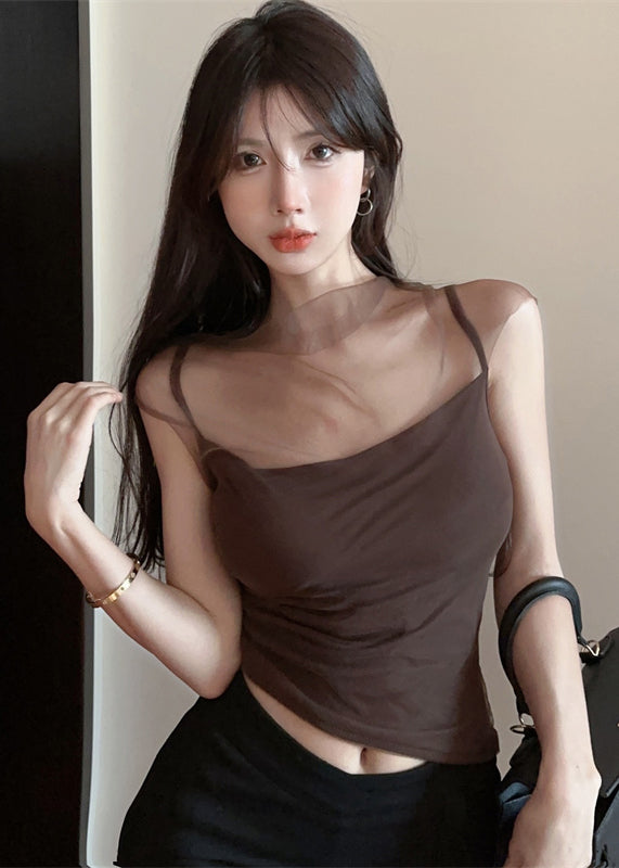 Coffee Tulle Patchwork Suspender Top Summer