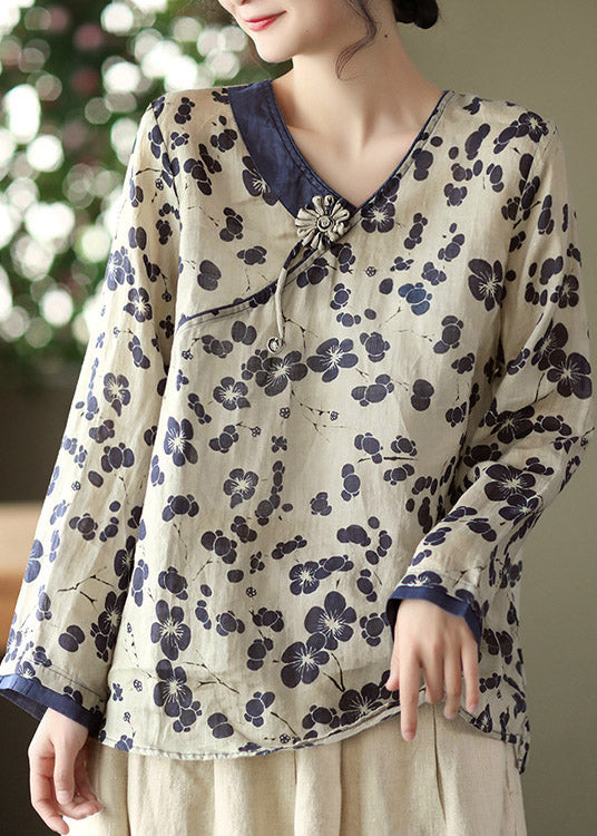 Navy Linen Tops Long Sleeve