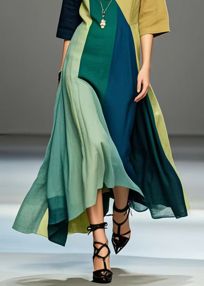 Multicolour V Neck Exra Large Hem Cotton Long Dress Summer