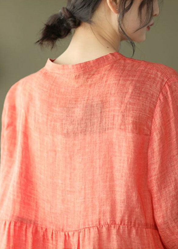 Orange Stand Collar Linen Blouse Top Bracelet Sleeve