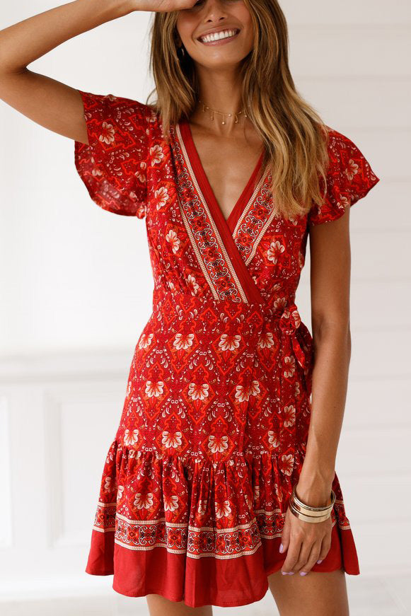 V-neck Maxi Printed Summer Short Dress