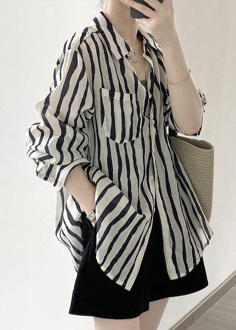 Pink Peter Pan Collar Striped Linen Shirt Tops Fall