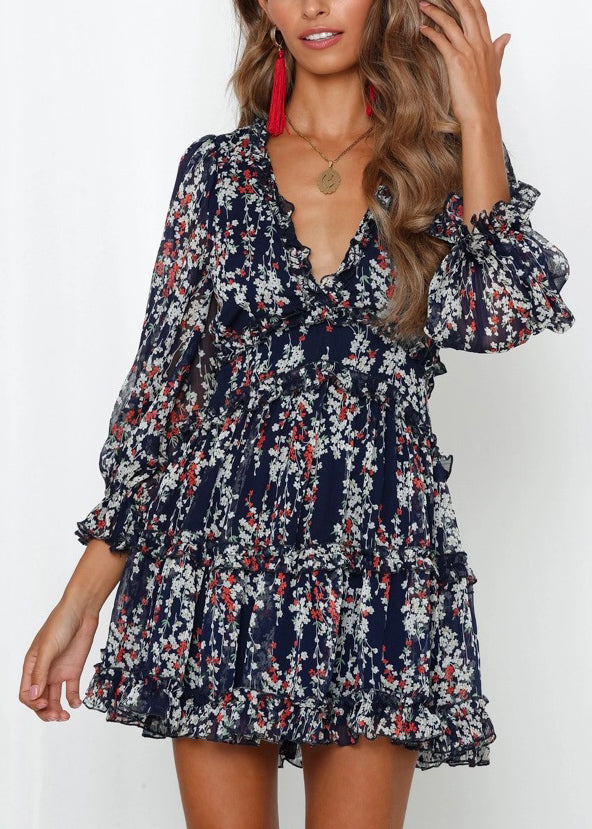 Classy Yellow Ruffled Puff Sleeve Print Chiffon Dresses