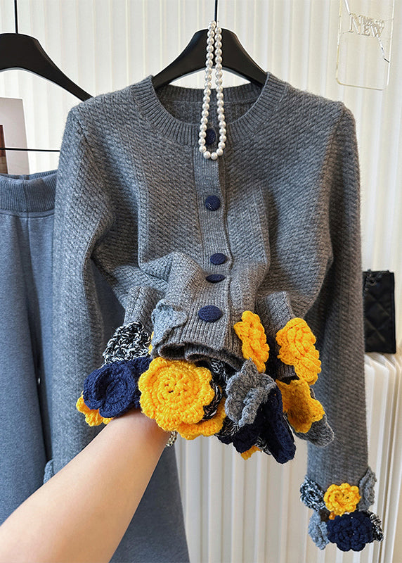 Grey O-neck Knit Cardigan Winter