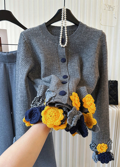 Grey O-neck Knit Cardigan Winter