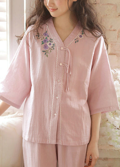 Original Purple Embroidered Button Cotton Pajamas Two Piece Set Bracelet Sleeve