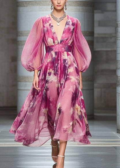 Rose Cinched Print Chiffon Robe Dresses Bracelet Sleeve
