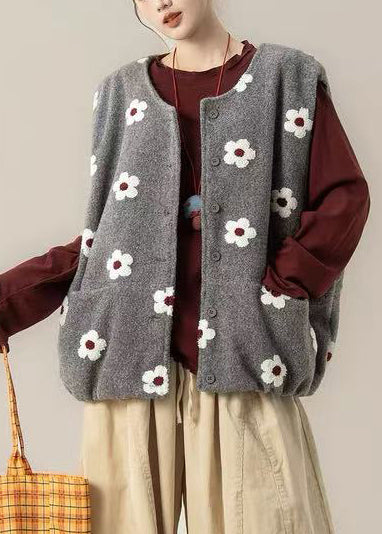 Grey Print Cotton Loose Vests Oversized Winter