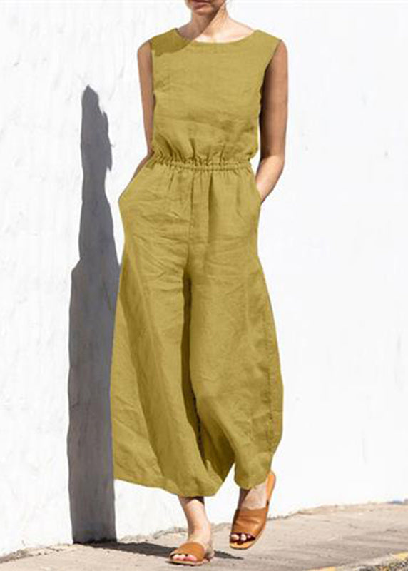 Slim Color Khaki High Sleeveless Jumpsuit