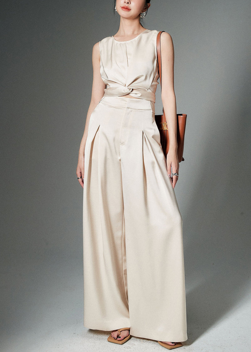 Beige Front Open Tops and Pants Silk Two Pieces Set Sleeveless