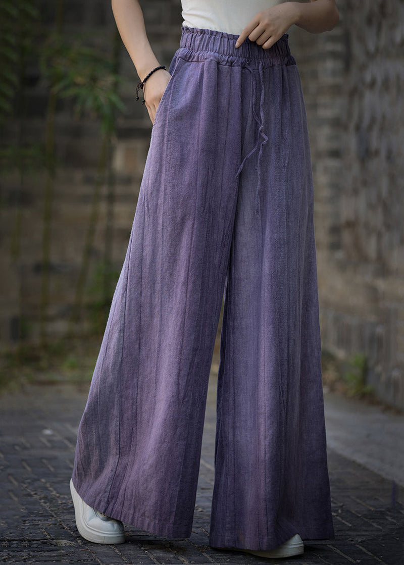 Purple Tie Dye Elastic Waist Linen Wide Leg Pants Summer