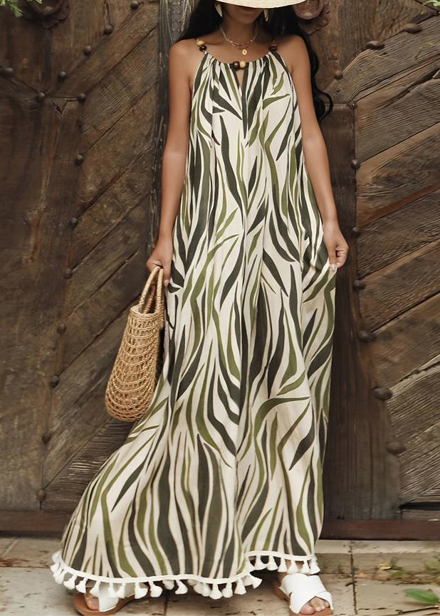 Green Print Tasseled Cotton Long Dresses Sleeveless