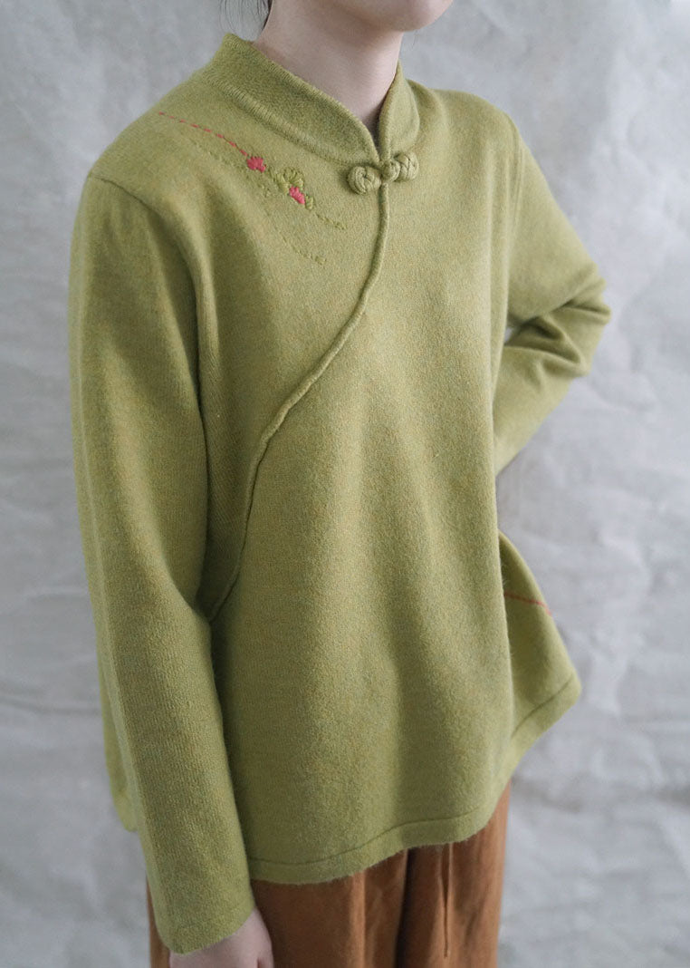 Style Yellow Retro Embroidered Fall Knit Tops