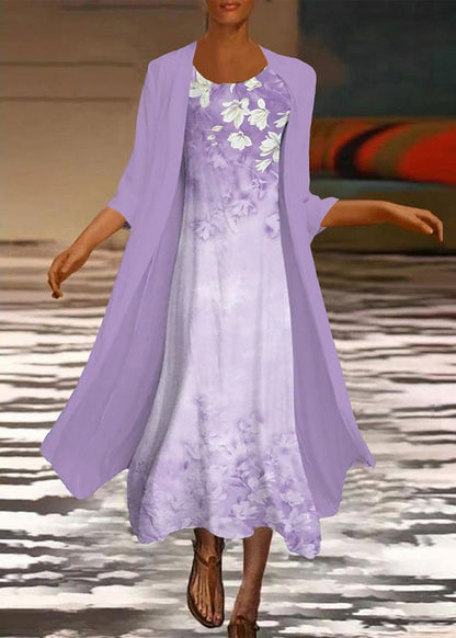 New White Print Chiffon Cardigans Dresses Two Pieces Set Summer