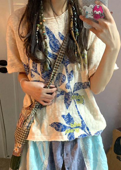 Beige Oversized Print Linen Tops Summer