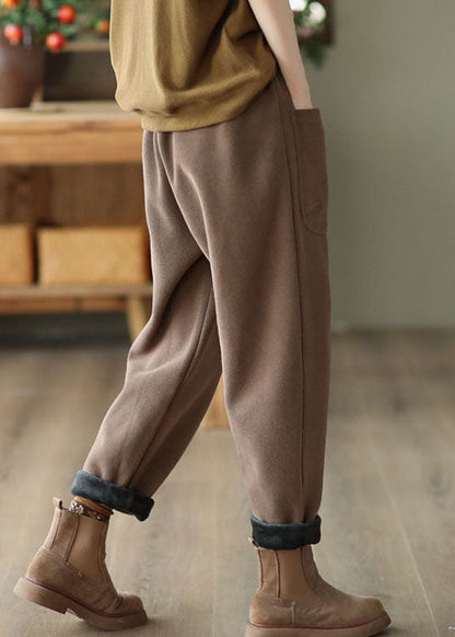Khaki Elastic Waist Drawstring Pockets Warm Fleece Pants Winter