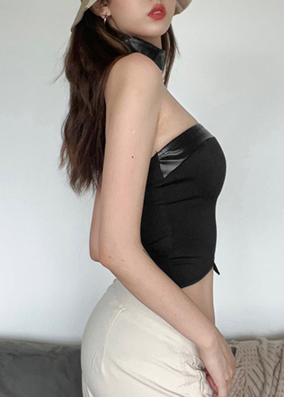Boutique Black Asymmetrical Faux Leather Patchwor Backless Top Summer