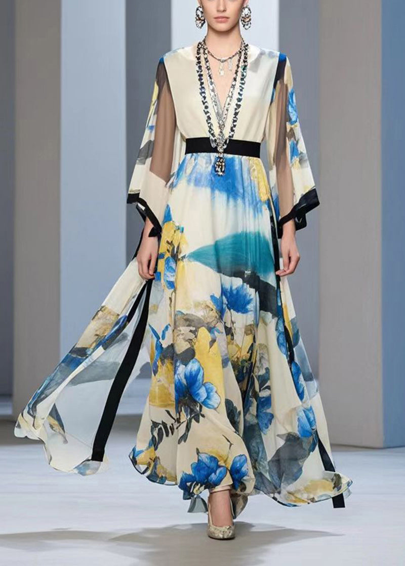 Cinched Print Exra Large Hem Chiffon Long Dress Fall