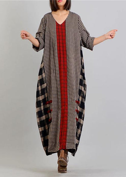 V Neck Patchwork Cotton Linen Spring Quilting Clothes Tunic Tops Plaid Dresses