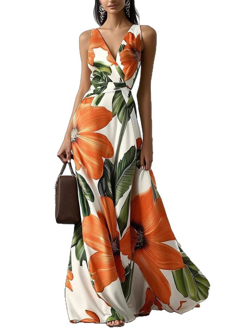 Classy Orange V Neck Print Chiffon Long Dress Sleeveless