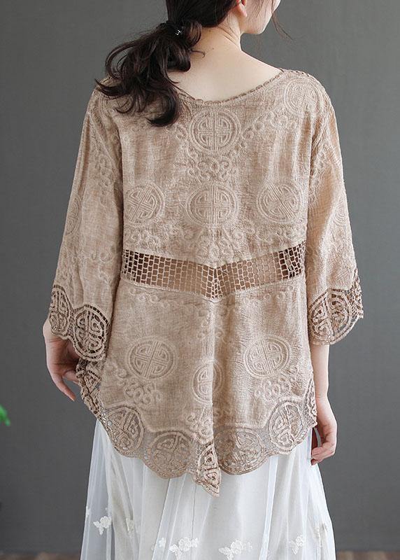 Stylish Khaki O-neck Embroidered Summer Asymmetrical Design Top