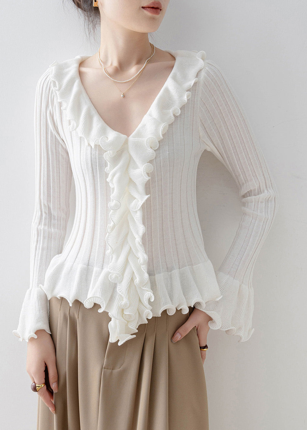 Fine Apricot Ruffled Patchwork Slim Fit Knit Top Spring