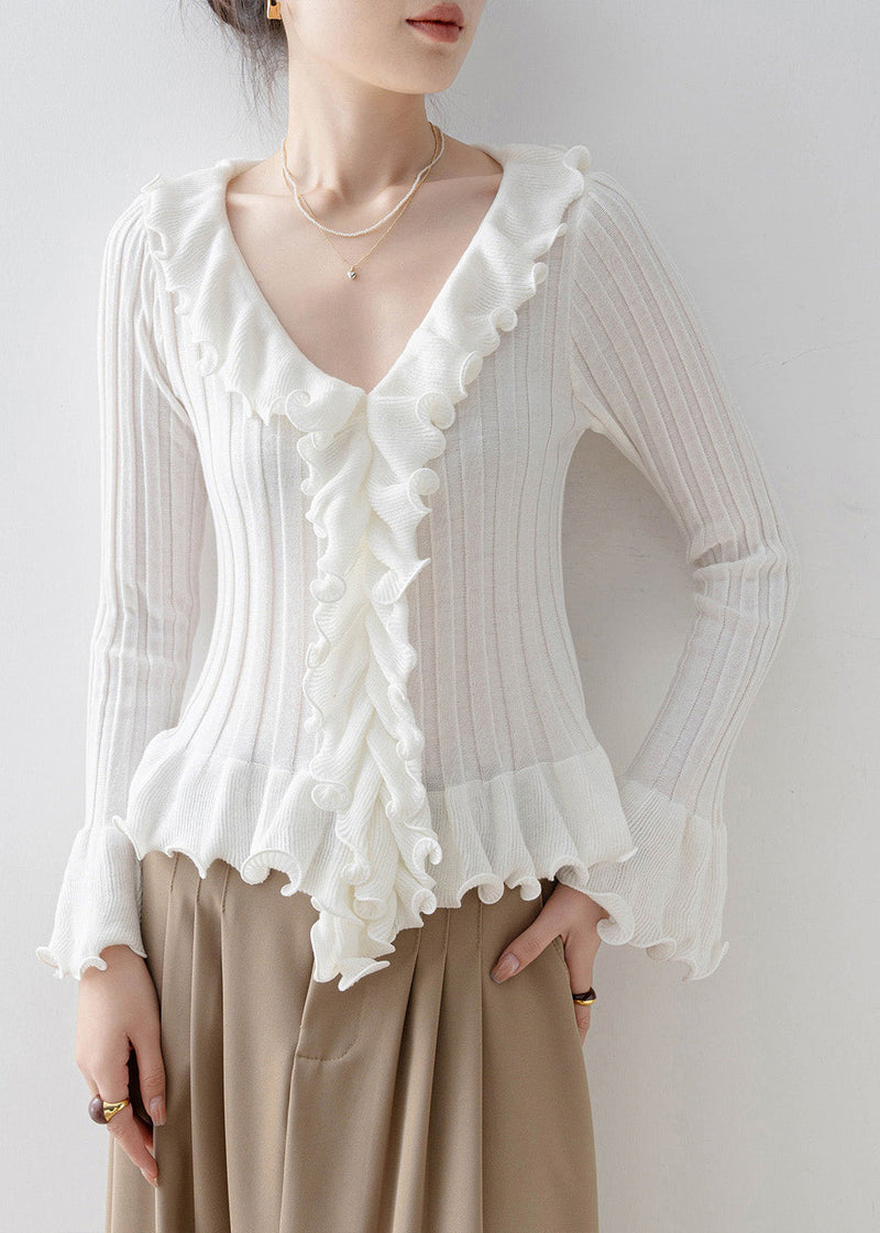 Fine Apricot Ruffled Patchwork Slim Fit Knit Top Spring