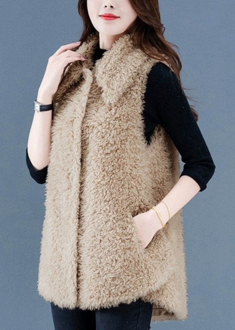 Beige Button Pockets Teddy Faux Fur Waistcoat Sleeveless