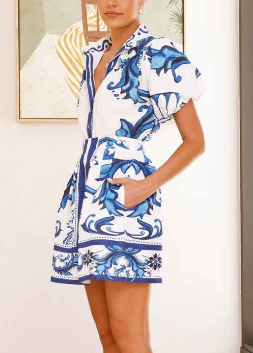 New Blue Stand Collar Shirts and Skirts Linen Two Pieces Set Summer