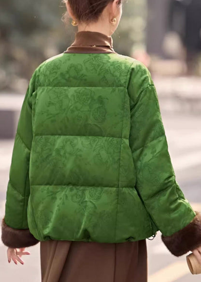Loose Green O Neck Fluffy Patchwork Down Coats Winter