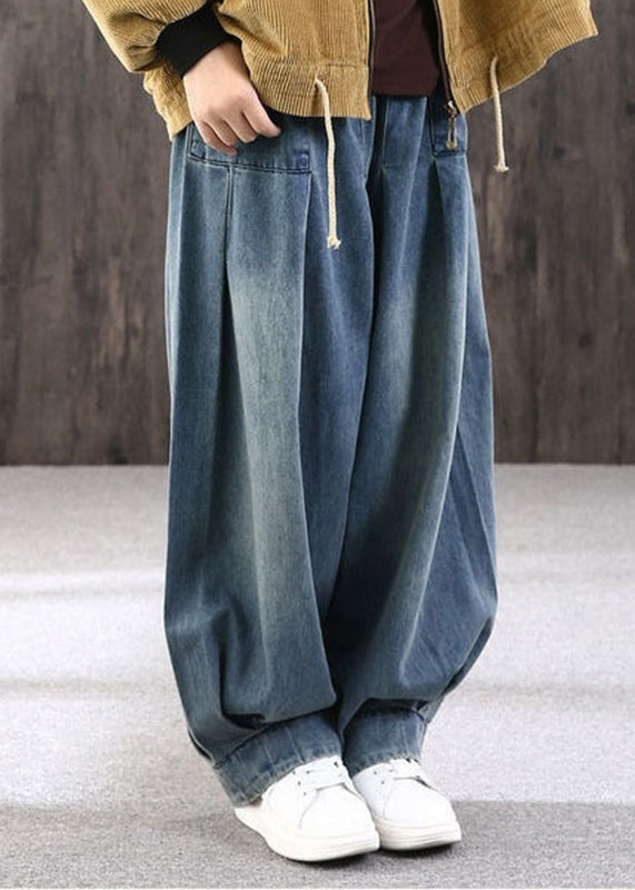 Blue Patchwork Pockets Denim Lantern Pants Summer
