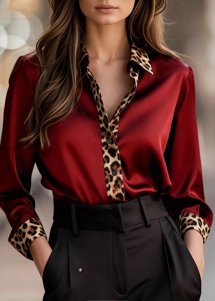 French Grey Peter Pan Collar Leopard Patchwork Silk Top Spring