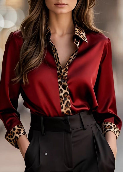 French Grey Peter Pan Collar Leopard Patchwork Silk Top Spring