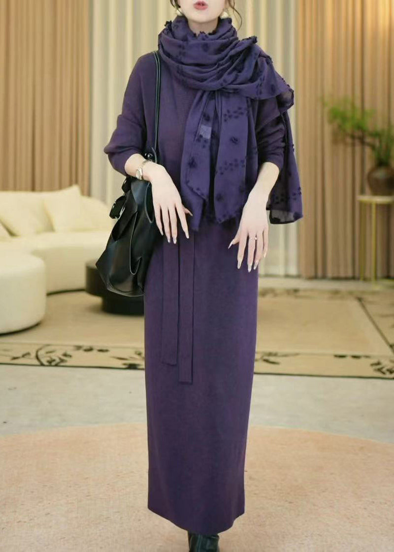 Purple V Neck Cozy Knit Long Sweater Winter
