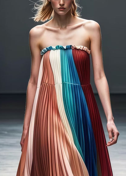 Colorblock Ruffled Chiffon Strapless Pleated Dress Summer